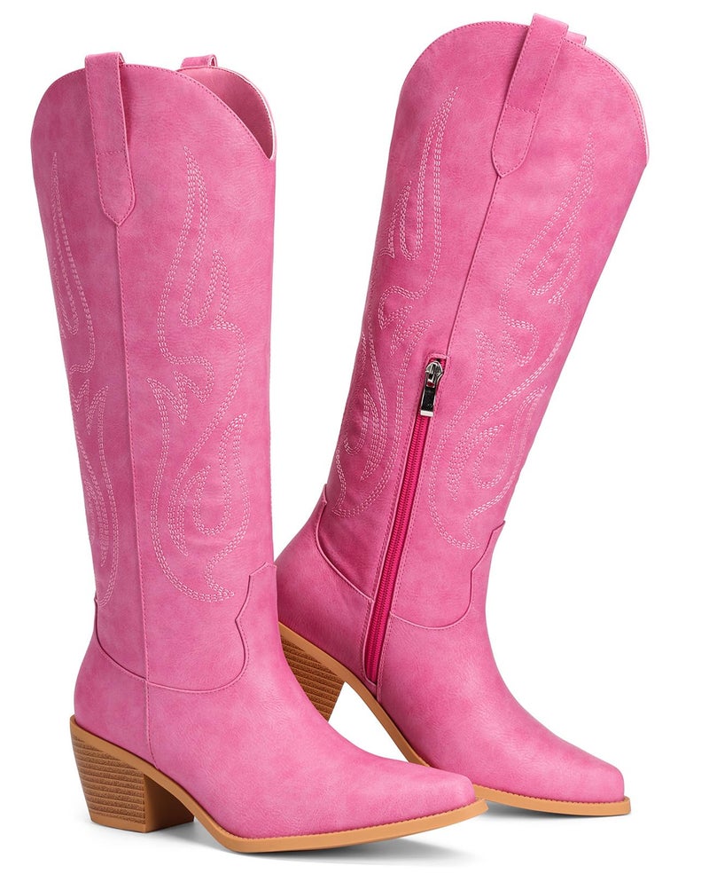 Pasuot Western Cowboy Boots for Women - Knee High Wide Calf Cowgirl Boots, Slip On Pointed Toe Chunky Heel Fashion Retro Classic Pull On Tall Boot for ladies Party concert Pink US 8 - Image 4