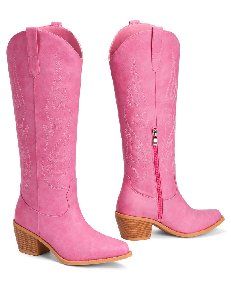 Pasuot Western Cowboy Boots for Women - Knee High Wide Calf Cowgirl Boots, Slip On Pointed Toe Chunky Heel Fashion Retro Classic Pull On Tall Boot for ladies Party concert Pink US 8 - Image 5