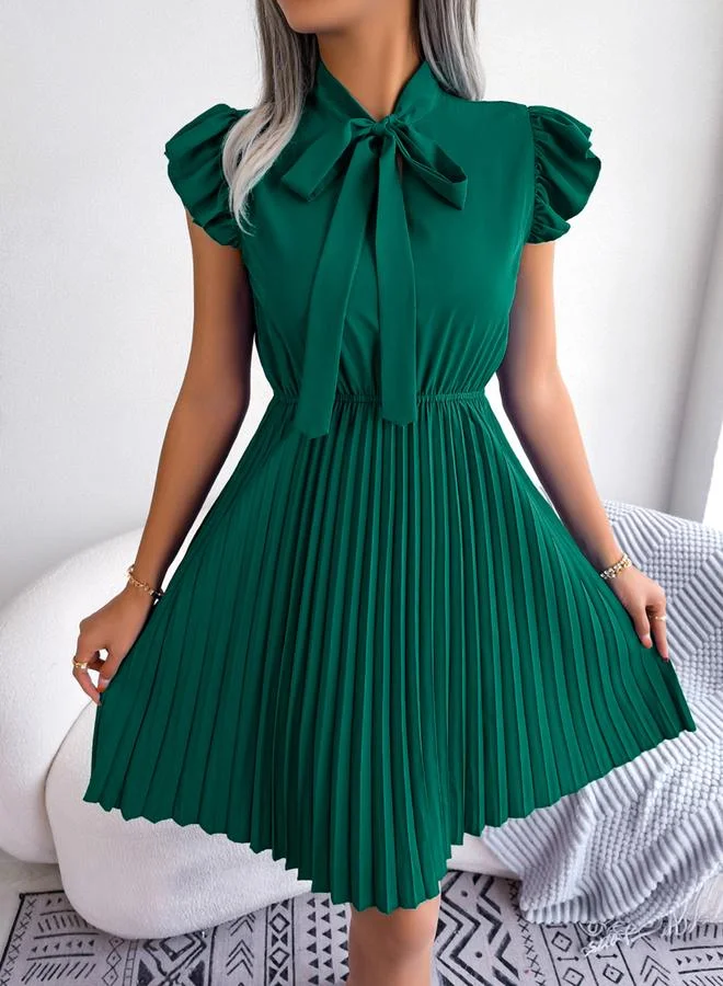 Take Two Green Solid Ruffle Sleeve Pleated Mini Dress