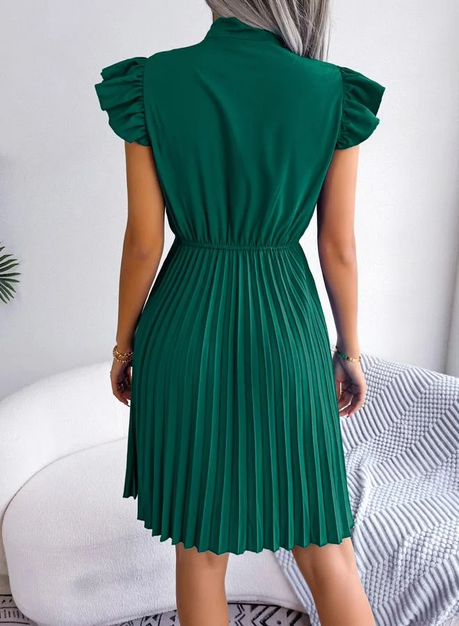 Take Two emerald green Green Solid Ruffle Sleeve Pleated Mini Dress for Women | Best Price UAE
