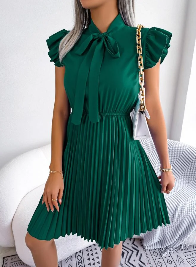 Take Two emerald green Green Solid Ruffle Sleeve Pleated Mini Dress for Women | Best Price UAE
