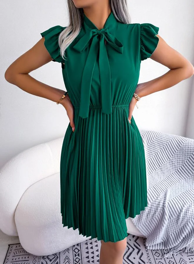 Take Two Green Solid Ruffle Sleeve Pleated Mini Dress