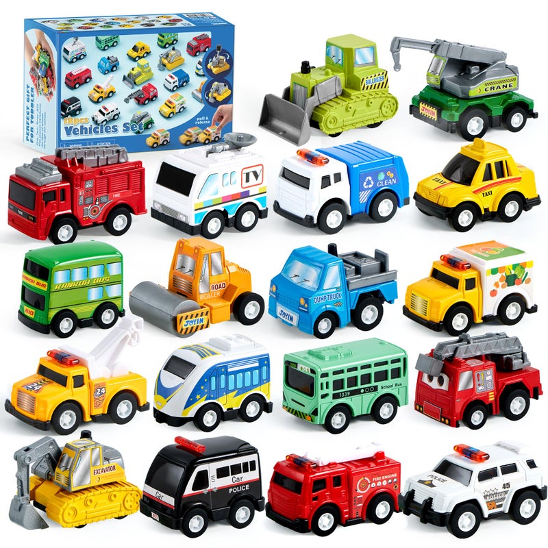 JOYIN 18 Pcs Pull Back City Cars and Trucks Toy Vehicles Set, Friction Powered Cars Toys for Toddlers, Kids Stocking Stuffers, Treasure Box Gifts for Classroom, Christmas Great Gifts for Grandkids - Image 1