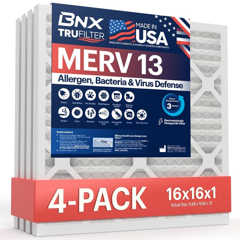 BNX TruFilter 16x16x1 Air Filter MERV 13 4Pack MADE IN USA Electrostatic Pleated Air Conditioner HVAC AC Furnace Filters for Allergies Pollen Mold Bacteria Smoke Allergen MPR 1900 FPR 10