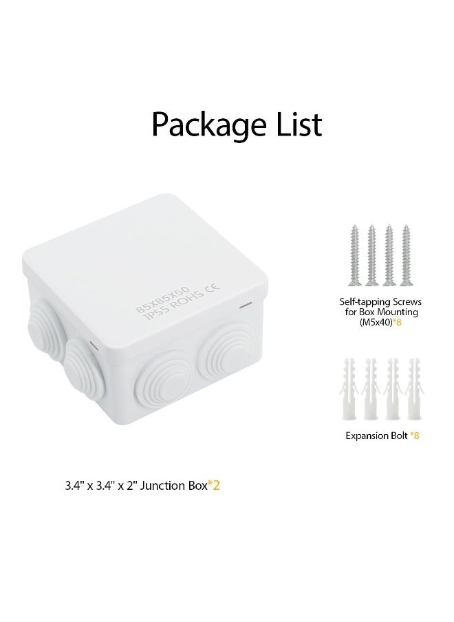 2 Pcs Waterproof Junction Box, Durable ABS Plastic Electrical Enclosure for Indoor and Outdoor Use, Universal Project Box, Dustproof Outlet Box (3.4 x 3.4 x 2 inch)