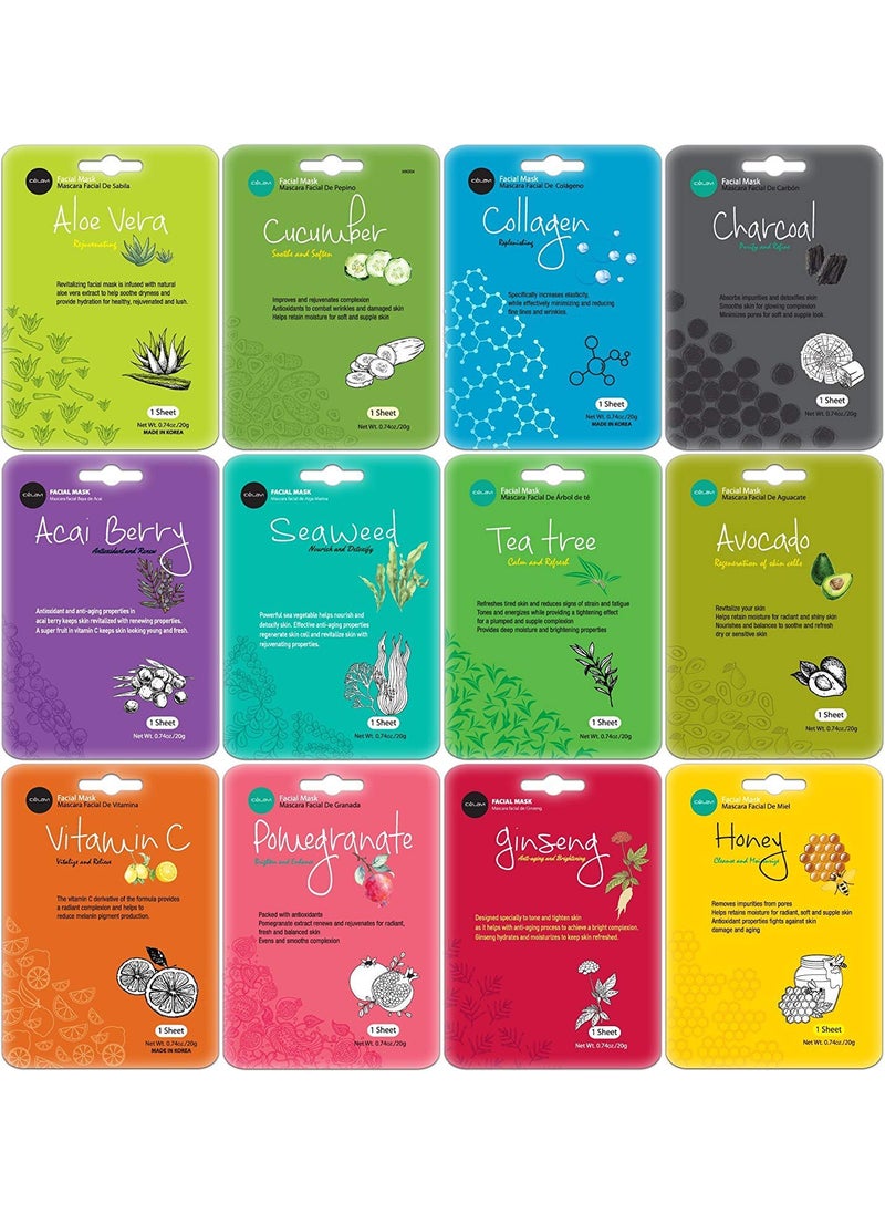 Celavi Cosmetics - Celavi Essence Facial Sheet Face Mask Variety Set Classic Authentic Korean Moisturizing Skincare Variation 1 12 Count Pack of 2 - Image 1