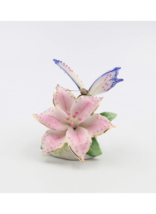 Cosmos Gifts Fine Porcelain Faux Jewel Butterfly With Pink Stargazer Lily Flower 3 1 4 Inch H Figurine Multicolored  - Image 1
