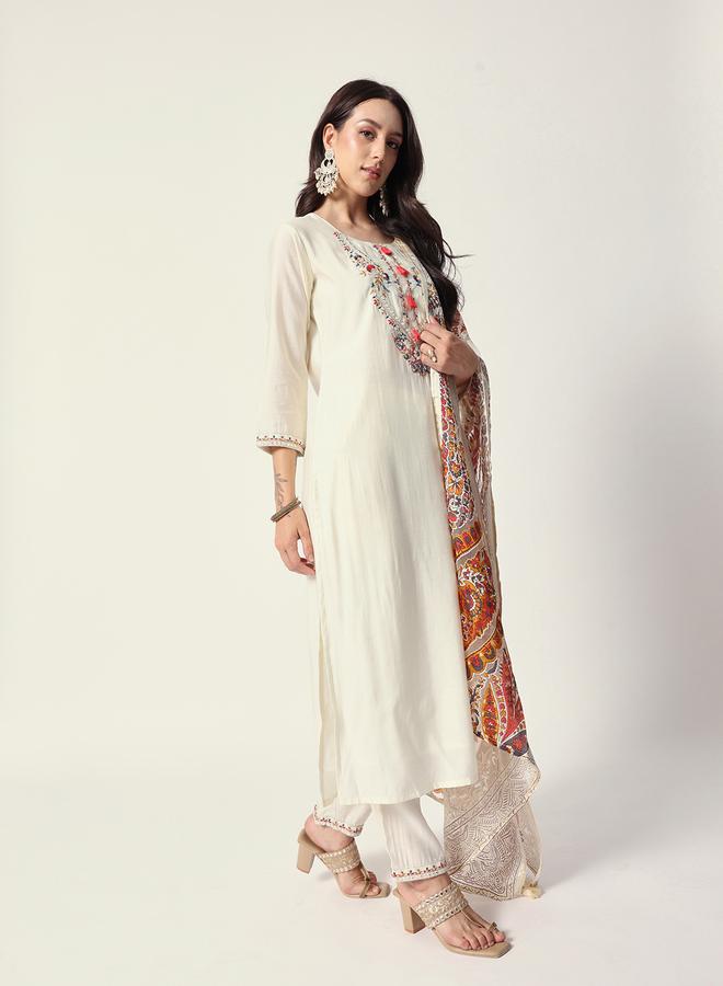 ISHIN Women's Off White Rayon Textured Tunic Full Palazzo Regular Fit Kurta Set - Image 1