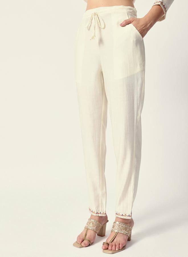 ISHIN Women's Off White Rayon Textured Tunic Full Palazzo Regular Fit Kurta Set - Image 3