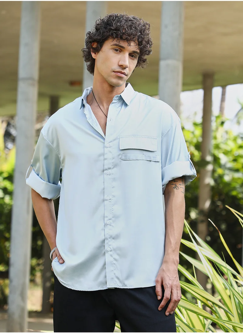 كامبوس سوترا Men's Powder Blue Satin-Utility Oversized Shirt