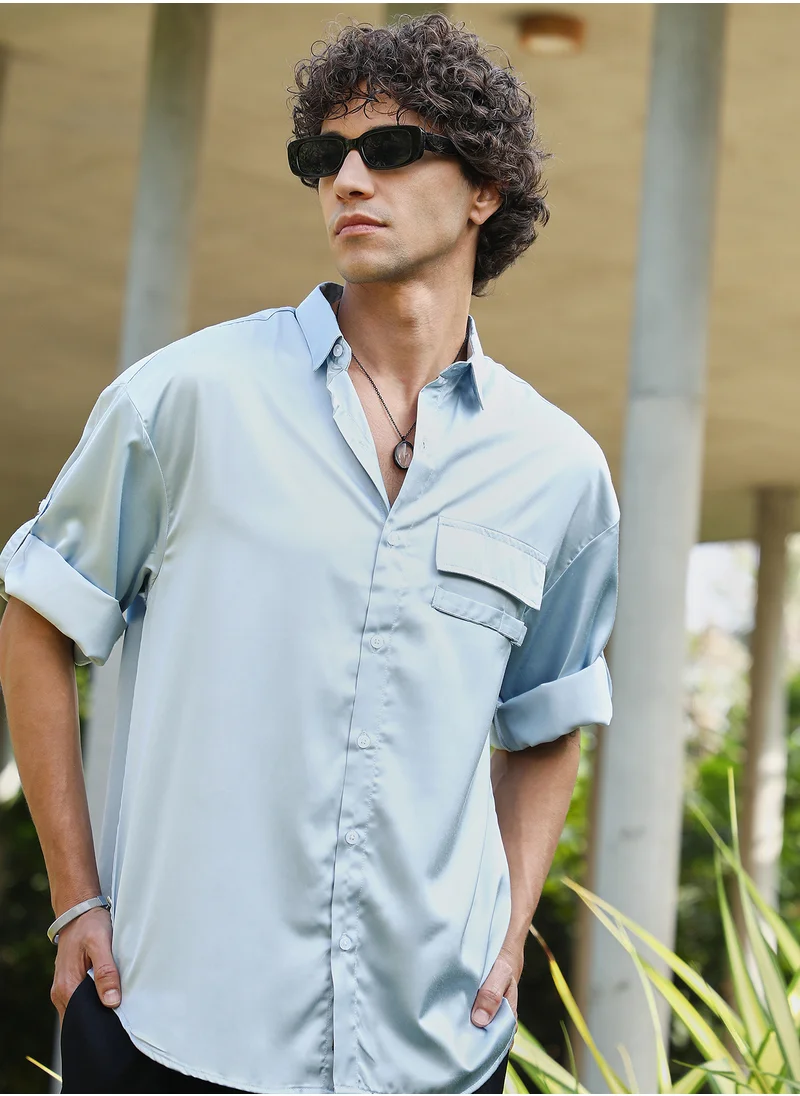 كامبوس سوترا Men's Powder Blue Satin-Utility Oversized Shirt