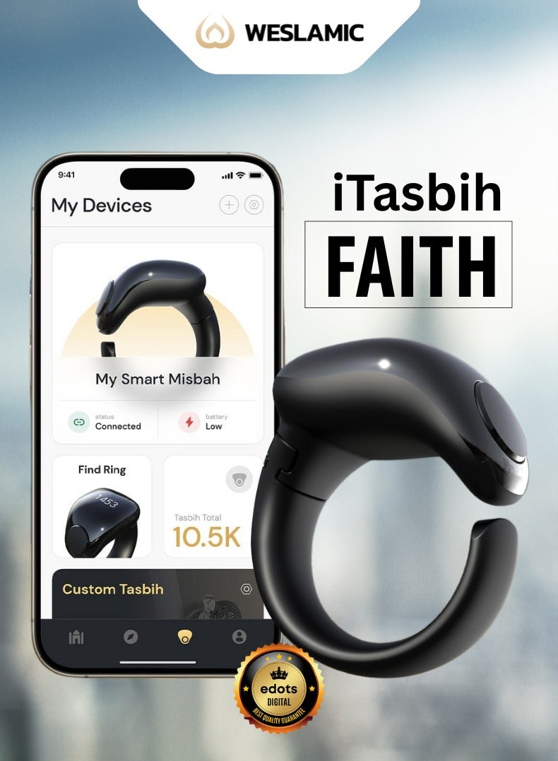 WESLAMIC iTasbih (Faith) Smart Tasbih Ring | OLED Display | Zikr Counter | Prayer Reminders | 5 Adjustable Sizes | Wireless Charging | Waterproof | Bluetooth Enabled