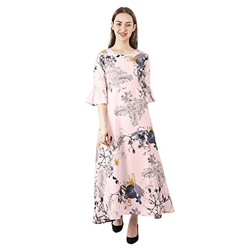 Indietoga Women's Plus Size Printed Fit and Flare Long Maxi Dress (10001250_Pink Floral_3XL) - Image 1