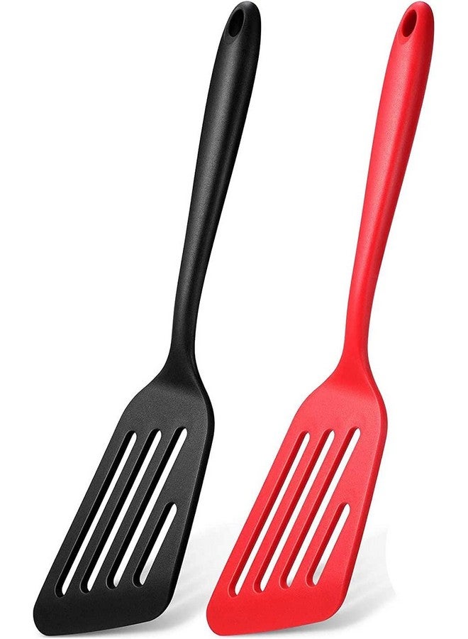 P-Plus International Silicone Fish Spatula, Non-Stick Large Slotted Flipper Turner, Heat Resistant Kitchen Cookwares for Frying, Cooking Seafood, Meat, Eggs, Omelets, Pancakes(Set of 2, Black&Red) - Image 1