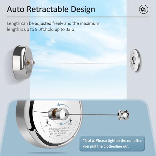 Clatoon Retractable Clothesline 9.0 Feets, 304 Stainless Steel Clothes Line Dryer with Heavy Duty Adjustable Stainless Steel Rope String for Hanging Drying Bathroom, Laundry, Hotel, Indoor & Outdoor - Image 4