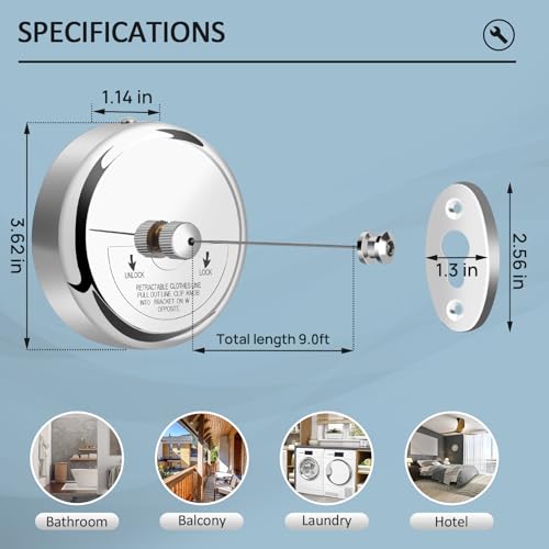 Clatoon Retractable Clothesline 9.0 Feets, 304 Stainless Steel Clothes Line Dryer with Heavy Duty Adjustable Stainless Steel Rope String for Hanging Drying Bathroom, Laundry, Hotel, Indoor & Outdoor - Image 5