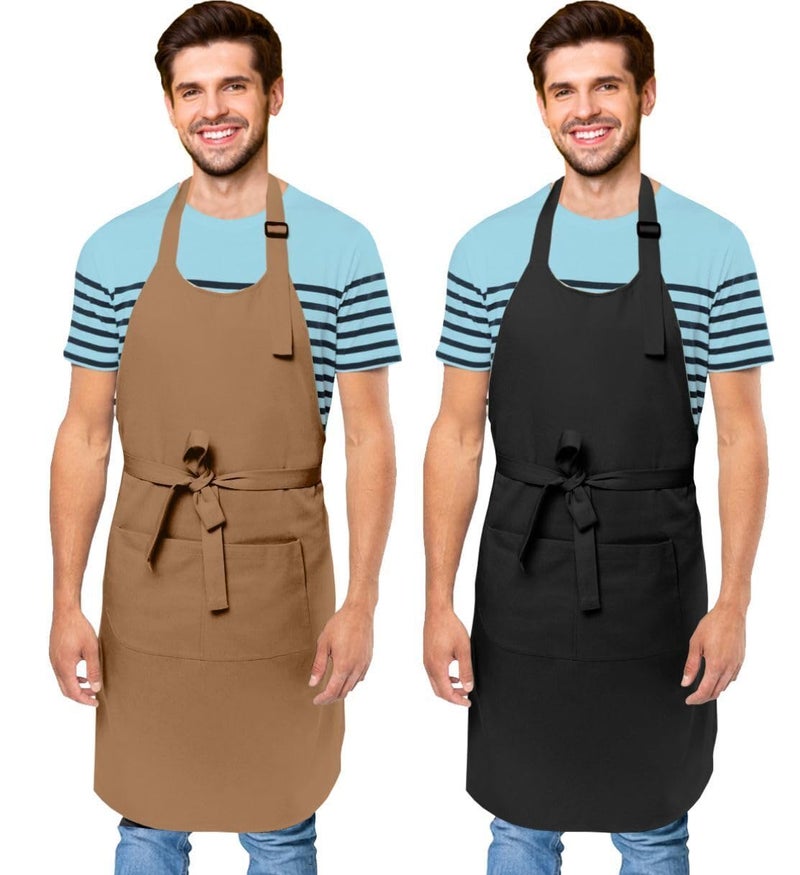 Cranique Polyester Kitchen Apron with Adjustable Strap Two Pockets for Women & Men | Free Size Apron for Hotel, Cafe, Restaurant, Salon, Workshop, Garage Cooking Pack of 2 (Tan & Black) - Image 1