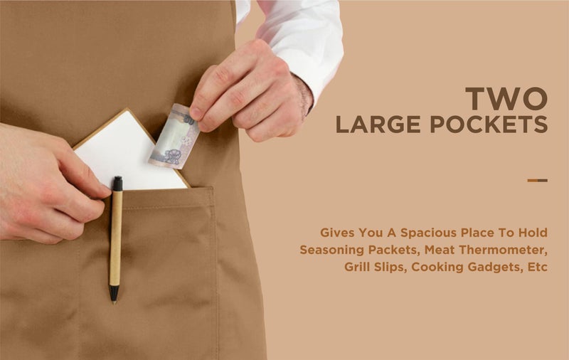 Cranique Polyester Kitchen Apron with Adjustable Strap Two Pockets for Women & Men | Free Size Apron for Hotel, Cafe, Restaurant, Salon, Workshop, Garage Cooking Pack of 2 (Tan & Black) - Image 3