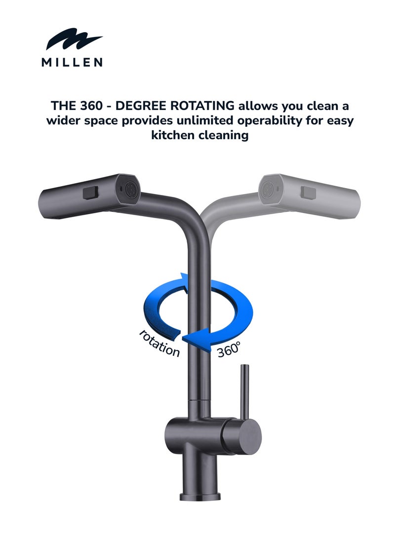 MILLEN MILLEN Single Lever Kitchen Faucet Mixer with 360° Swivel, Pull-down Hand Spray, Gunmetal Satin  - MM501GM, 1Y Warranty  - Image 3