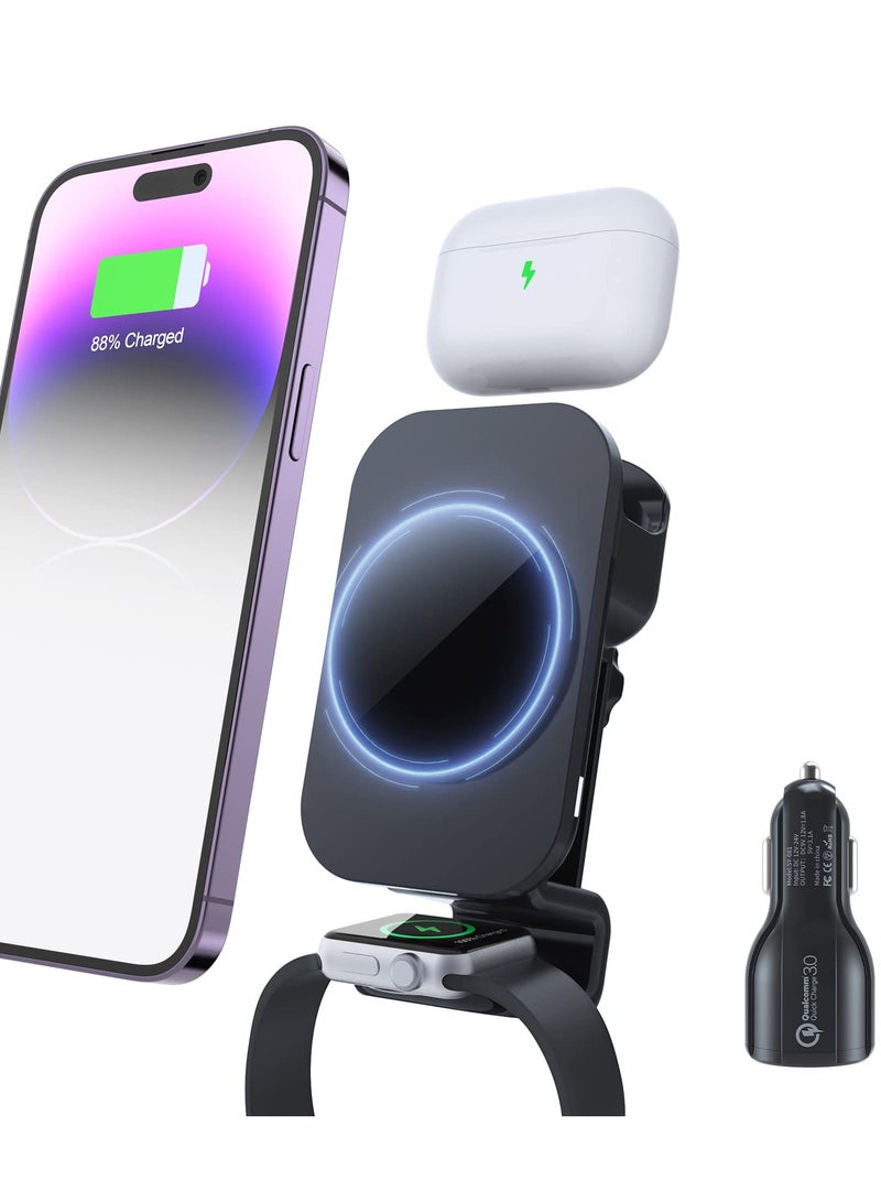 Barakah 3 in 1 Magnetic Wireless Car Charger, Charger Mount for iPhone/Apple Watch, Phone Holder Only Support with iPhone/14/13/12 Pro Max, Apple Watch SE 7/6/5/4/3/2, 2/3/Pro - Image 1