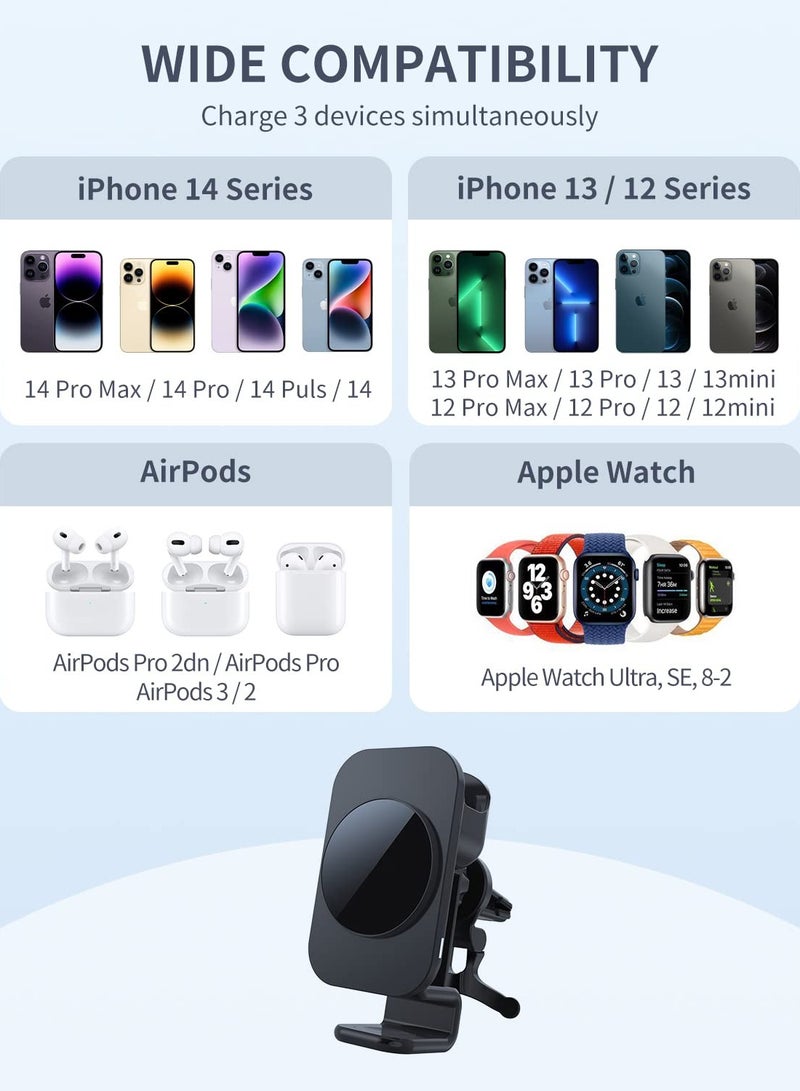 Barakah 3 in 1 Magnetic Wireless Car Charger, Charger Mount for iPhone/Apple Watch, Phone Holder Only Support with iPhone/14/13/12 Pro Max, Apple Watch SE 7/6/5/4/3/2, 2/3/Pro - Image 2