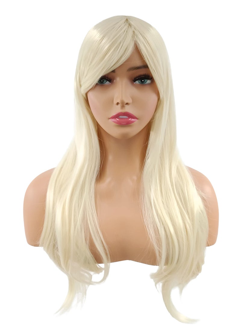 Port&lotus - PORT&LOTUS Natual Blonde Wig Long Curly Cosplay Wig With Bangs (Side Part) Wigs for Women Synthetic Body Wave Wigs for White Women with Wig Cap Custume Party Wigs for Black Women 26 inch - Image 1