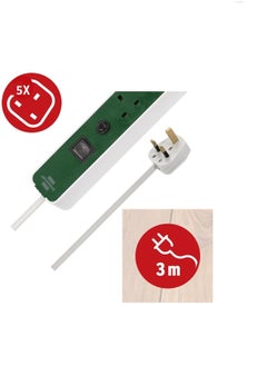Brennenstuhl Brennenstuhl Ecolor 5-way extension lead with 3 m cable, white/green (Power Strip 5-way with safety fuse button and On/Off switch, 90° angle of sockets)  - Image 2