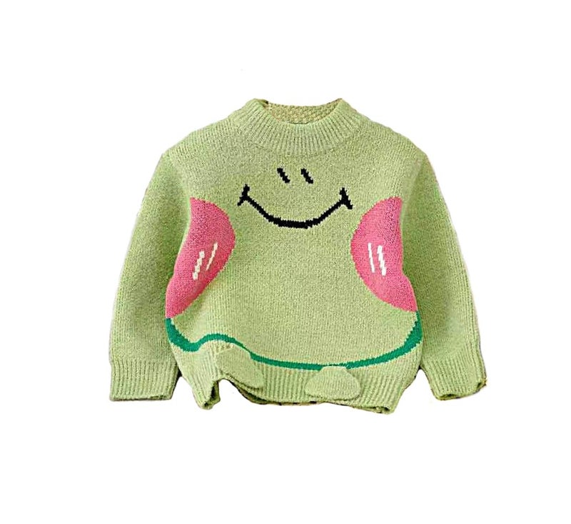 Bold N Elegant 3D Happy Face Patch Kid's Full Sleeve Warm Woolen Winter Holiday Party Pullover Sweater Cardigan for Boys & Girls (2-3 Years, Green) - Image 3