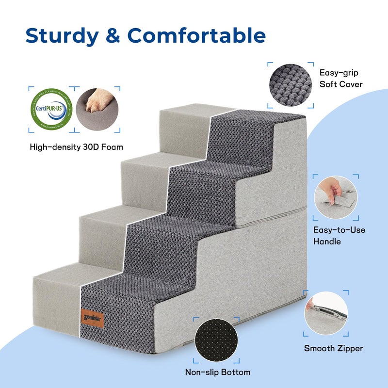 ZOMISIA Dog Stairs for Small Dogs - Pet Stairs 2 in 1 with Zippers Suitable for Couch and Bed, 35D Foam Dog Steps with Non Slip Bottom Grey 4 Steps, Grey - Image 3