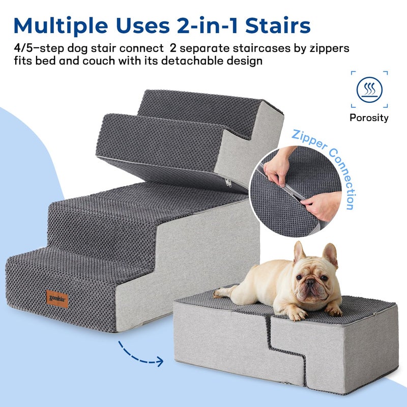 ZOMISIA Dog Stairs for Small Dogs - Pet Stairs 2 in 1 with Zippers Suitable for Couch and Bed, 35D Foam Dog Steps with Non Slip Bottom Grey 4 Steps, Grey - Image 2