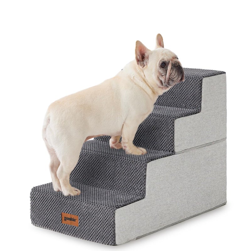 ZOMISIA Dog Stairs for Small Dogs - Pet Stairs 2 in 1 with Zippers Suitable for Couch and Bed, 35D Foam Dog Steps with Non Slip Bottom Grey 4 Steps, Grey - Image 1