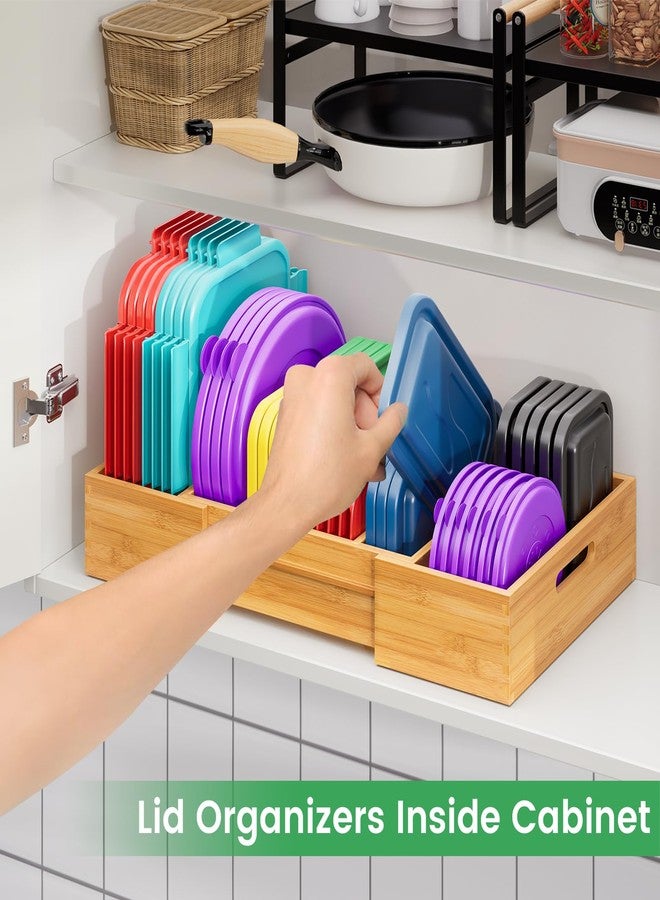 Kiasthome Expandable Bamboo Lid Organizers Inside Cabinet, Kitchen Cabinet Organizers with 3 Adjustable Dividers, Storage Plastic Lids, Food Container Lid Holder Organizer for Drawer Pantry, Nature - Image 3