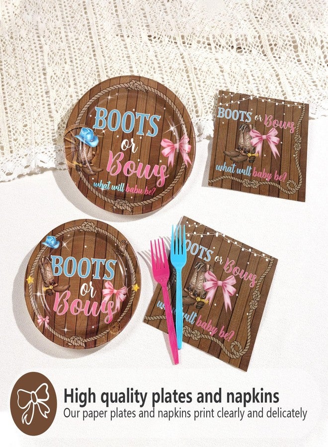 Grencian 96 Pcs Boots or Bows Gender Reveal Decorations What Will Baby Be He or She Paper Plates and Napkins Disposable Blue or Pink Tableware Set for Western Cowgirl Cowboys Gender Reveal Decorations - Image 3