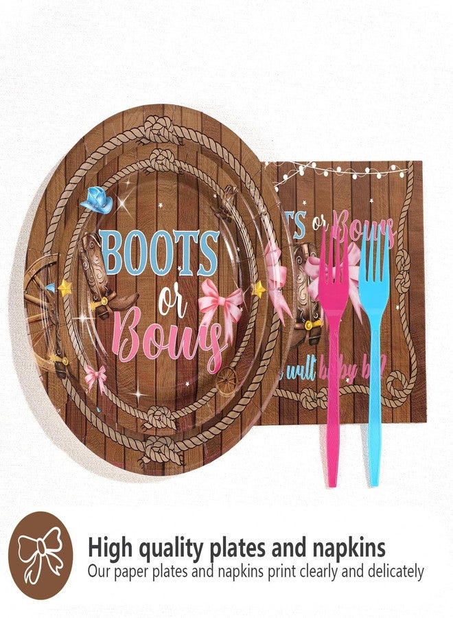 Grencian 96 Pcs Boots or Bows Gender Reveal Decorations What Will Baby Be He or She Paper Plates and Napkins Disposable Blue or Pink Tableware Set for Western Cowgirl Cowboys Gender Reveal Decorations - Image 2