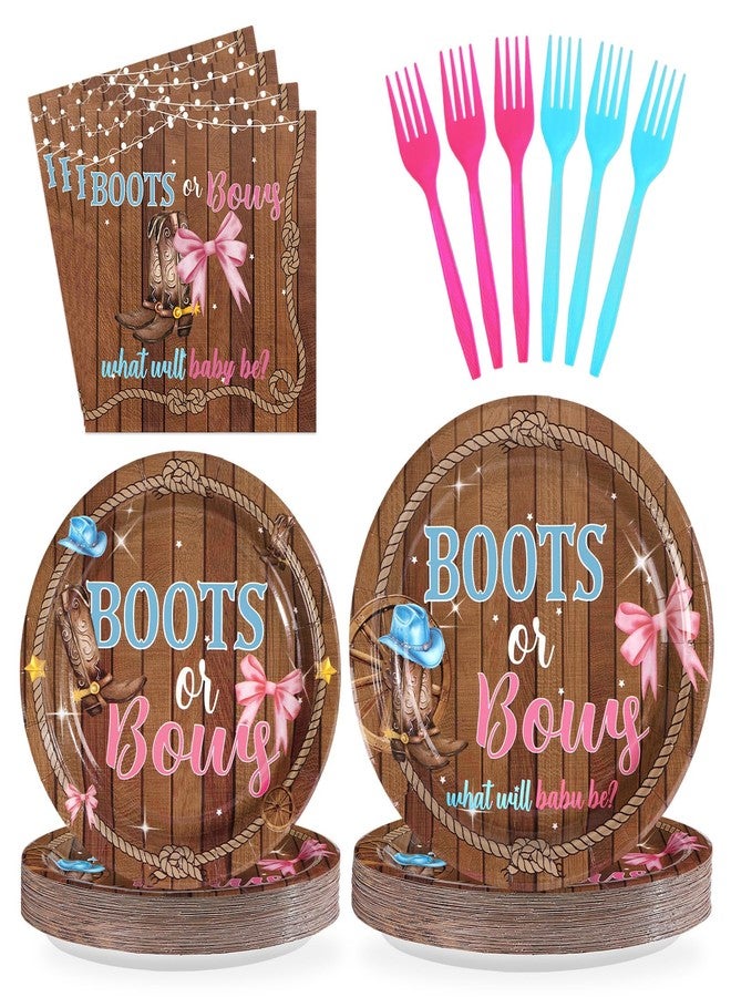 Grencian 96 Pcs Boots or Bows Gender Reveal Decorations What Will Baby Be He or She Paper Plates and Napkins Disposable Blue or Pink Tableware Set for Western Cowgirl Cowboys Gender Reveal Decorations - Image 1