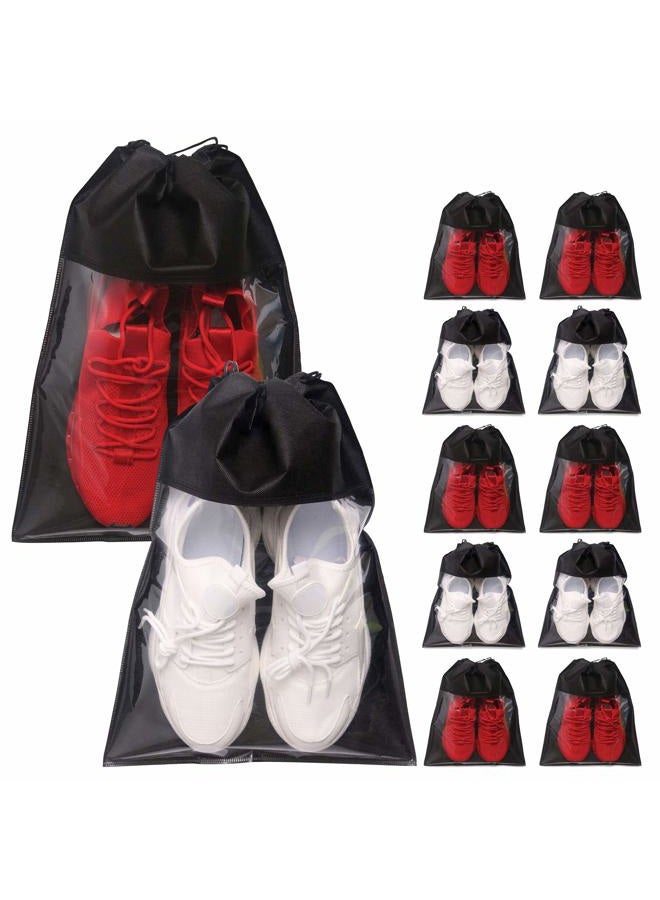 TENABORT 12 Pack Portable Shoe Bags for Travel Large Shoes Pouch Storage Organizer Clear Window with Drawstring for Men and Women Black - Image 1
