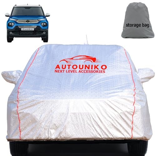 AUTOUNIKO Waterproof Car Body Cover Compatible with Tata Punch with Mirror and Antena Pocket and Soft Cotton Lining (Fully Bottom Elastic Triple Stitched) (Metallic Silver with Red Piping) - Image 1