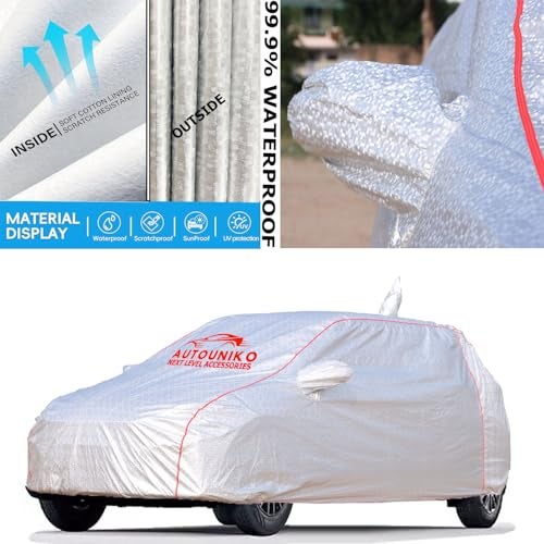 AUTOUNIKO Waterproof Car Body Cover Compatible with Tata Punch with Mirror and Antena Pocket and Soft Cotton Lining (Fully Bottom Elastic Triple Stitched) (Metallic Silver with Red Piping) - Image 4