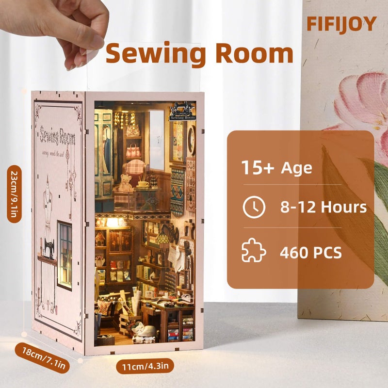 fifijoy Book Nook Kit - Sewing Room DIY Miniature House Dollhouse Kit for Adults and Teens, Booknook Tiny House Bookshelf Decor 3D Wooden Puzzle, Gifts for Family and Friends - Image 5