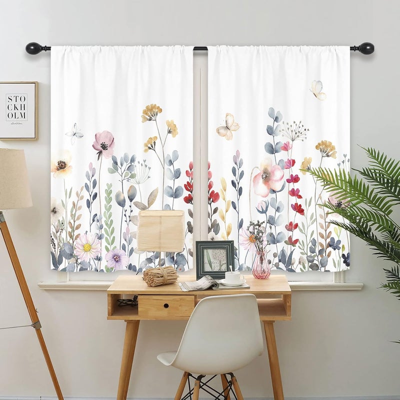 Riyidecor Floral Kitchen Curtains Colorful Wildflower Farmhouse Rod Pocket Flowers Botanical Watercolor Floral Women Plant Spring Rustic Bedroom Living Room Treatment Fabric 2 Panels 275Wx39H Inch - Image 3