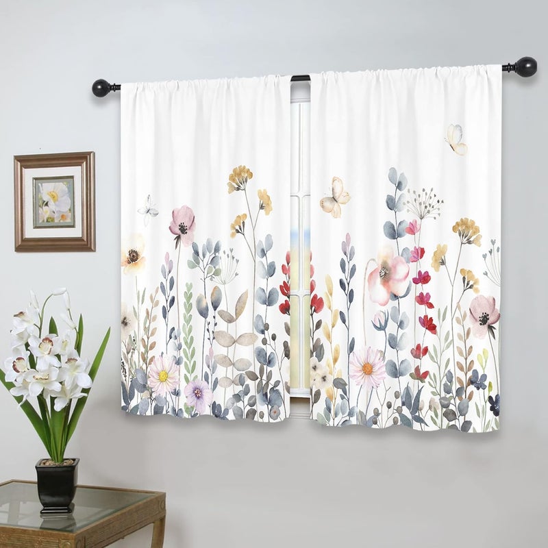 Riyidecor Floral Kitchen Curtains Colorful Wildflower Farmhouse Rod Pocket Flowers Botanical Watercolor Floral Women Plant Spring Rustic Bedroom Living Room Treatment Fabric 2 Panels 275Wx39H Inch - Image 1