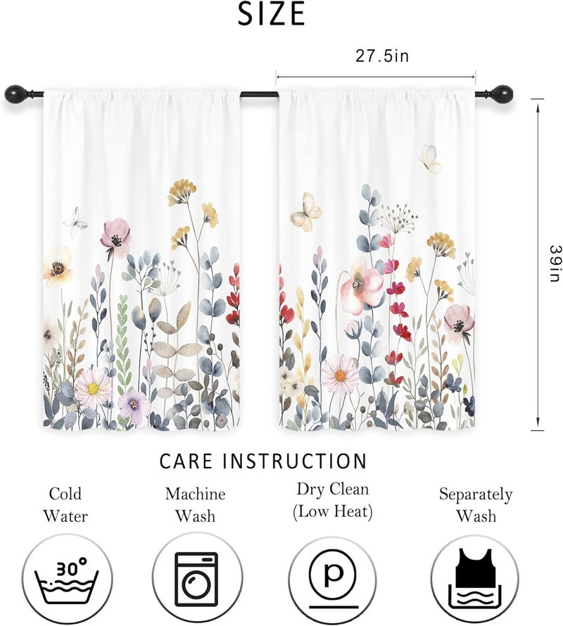 Riyidecor Floral Kitchen Curtains Colorful Wildflower Farmhouse Rod Pocket Flowers Botanical Watercolor Floral Women Plant Spring Rustic Bedroom Living Room Treatment Fabric 2 Panels 275Wx39H Inch - Image 2