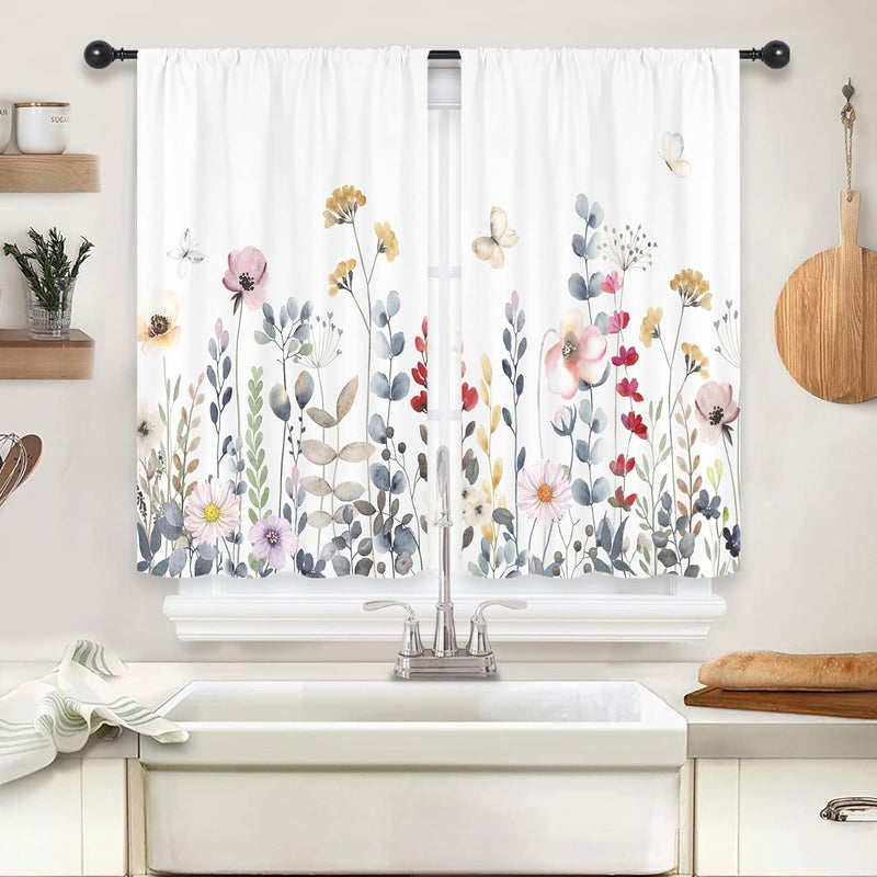 Riyidecor Floral Kitchen Curtains Colorful Wildflower Farmhouse Rod Pocket Flowers Botanical Watercolor Floral Women Plant Spring Rustic Bedroom Living Room Treatment Fabric 2 Panels 275Wx39H Inch - Image 4