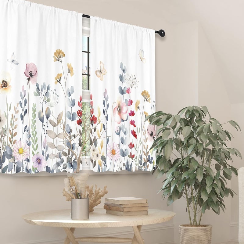 Riyidecor Floral Kitchen Curtains Colorful Wildflower Farmhouse Rod Pocket Flowers Botanical Watercolor Floral Women Plant Spring Rustic Bedroom Living Room Treatment Fabric 2 Panels 275Wx39H Inch - Image 5