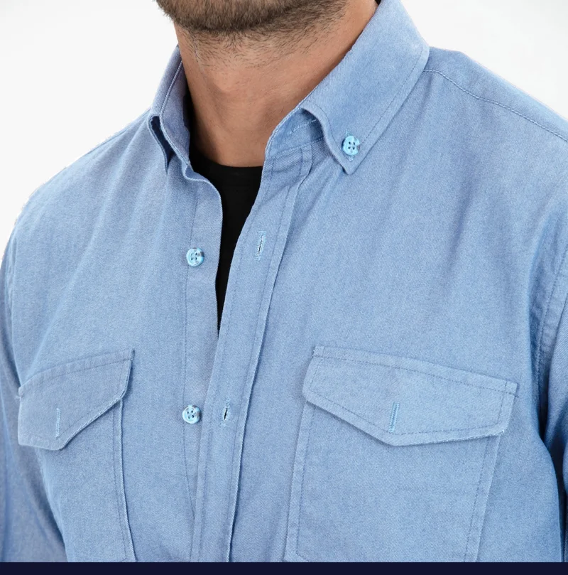 فاريتا Men's Light Blue Double Pocket Plain Lycra Long Sleeve Denim Shirt