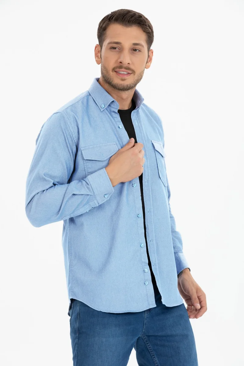 فاريتا Men's Light Blue Double Pocket Plain Lycra Long Sleeve Denim Shirt