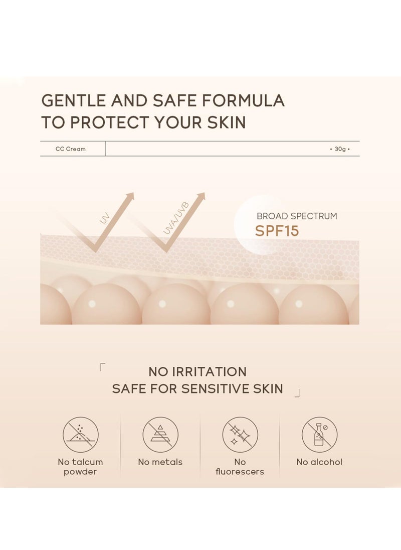 كريم CC مع عامل حماية من أشعة الشمس SPF 15، كريم أساس CC لتصحيح اللون، تصحيح اللون، تركيبة خفيفة الوزن ومرطبة، مصحح لتغطية العيوب، كريم أساس بتغطية متوسطة
