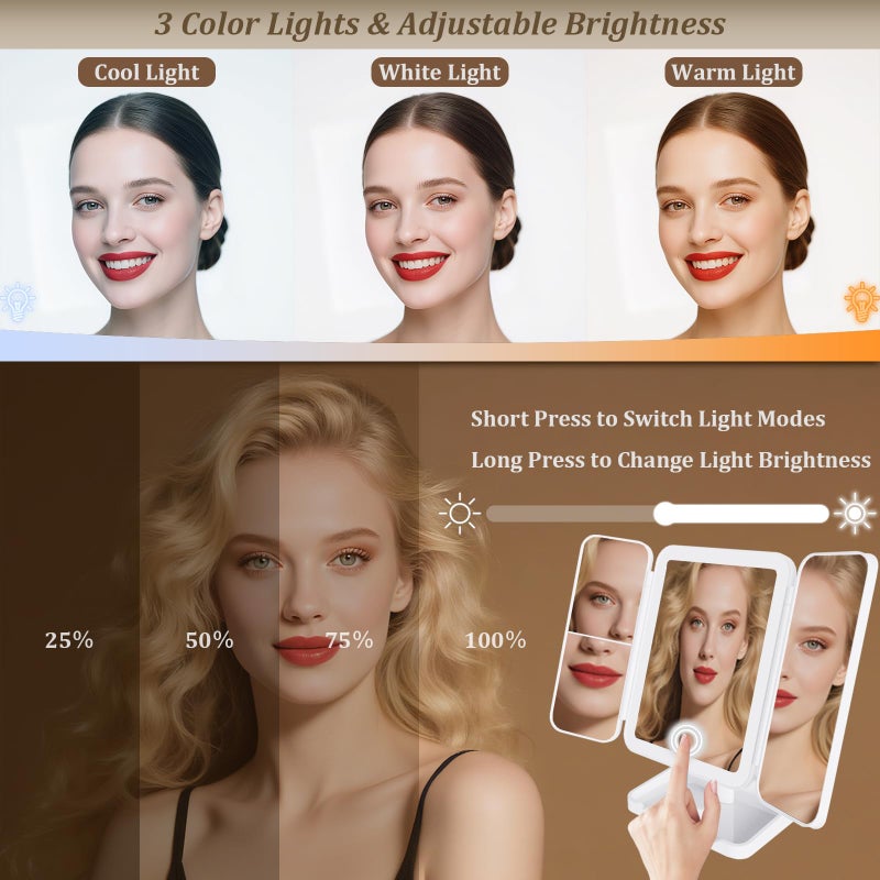 DailyCuddles Makeup Mirror Vanity Mirror with Lights, 3 Color Lighting Modes, 1X/2X/3X Magnification, Tri-fold, 360Â° Rotation, Phone Holder for Makeup, 2000mAh Rechargeable, Bedroom, Bathroom, (White) - Image 4