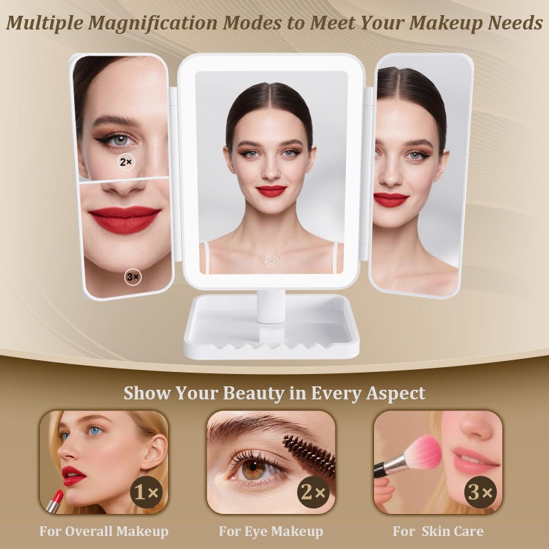 DailyCuddles Makeup Mirror Vanity Mirror with Lights, 3 Color Lighting Modes, 1X/2X/3X Magnification, Tri-fold, 360Â° Rotation, Phone Holder for Makeup, 2000mAh Rechargeable, Bedroom, Bathroom, (White) - Image 3