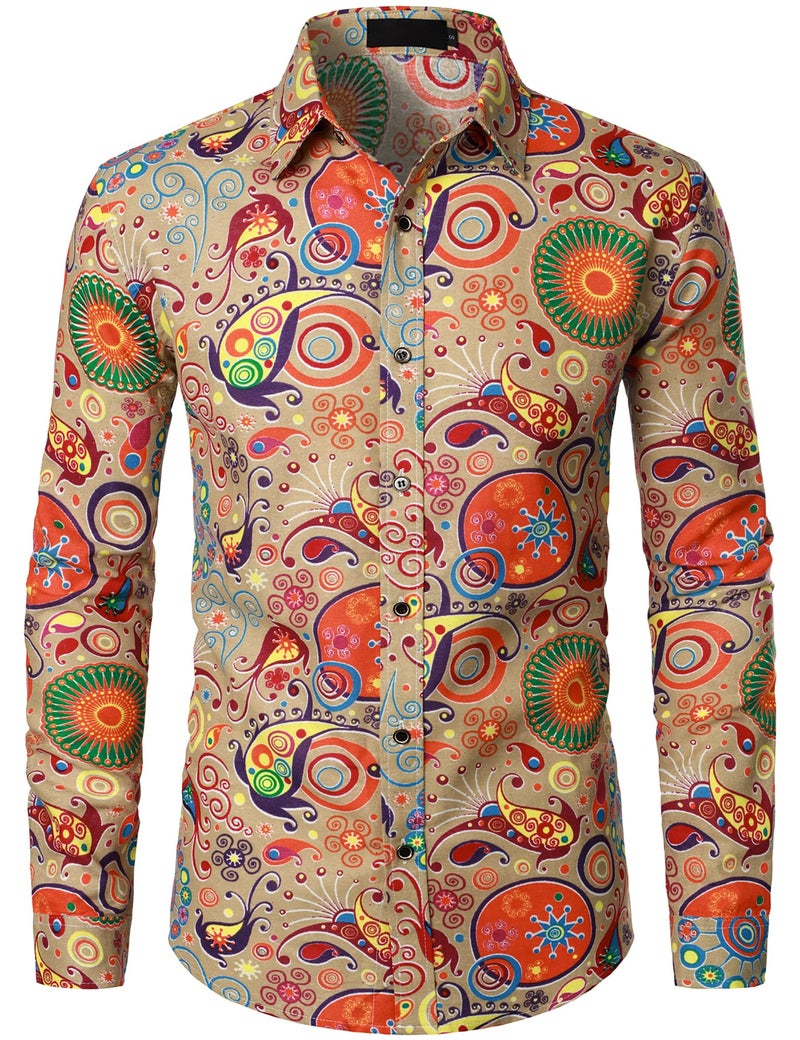 PARKLEES Men's Linen 70s Hippie Traditional Style Pattern Printed Long Sleeve Button up Shirt Khaki Large - Image 1